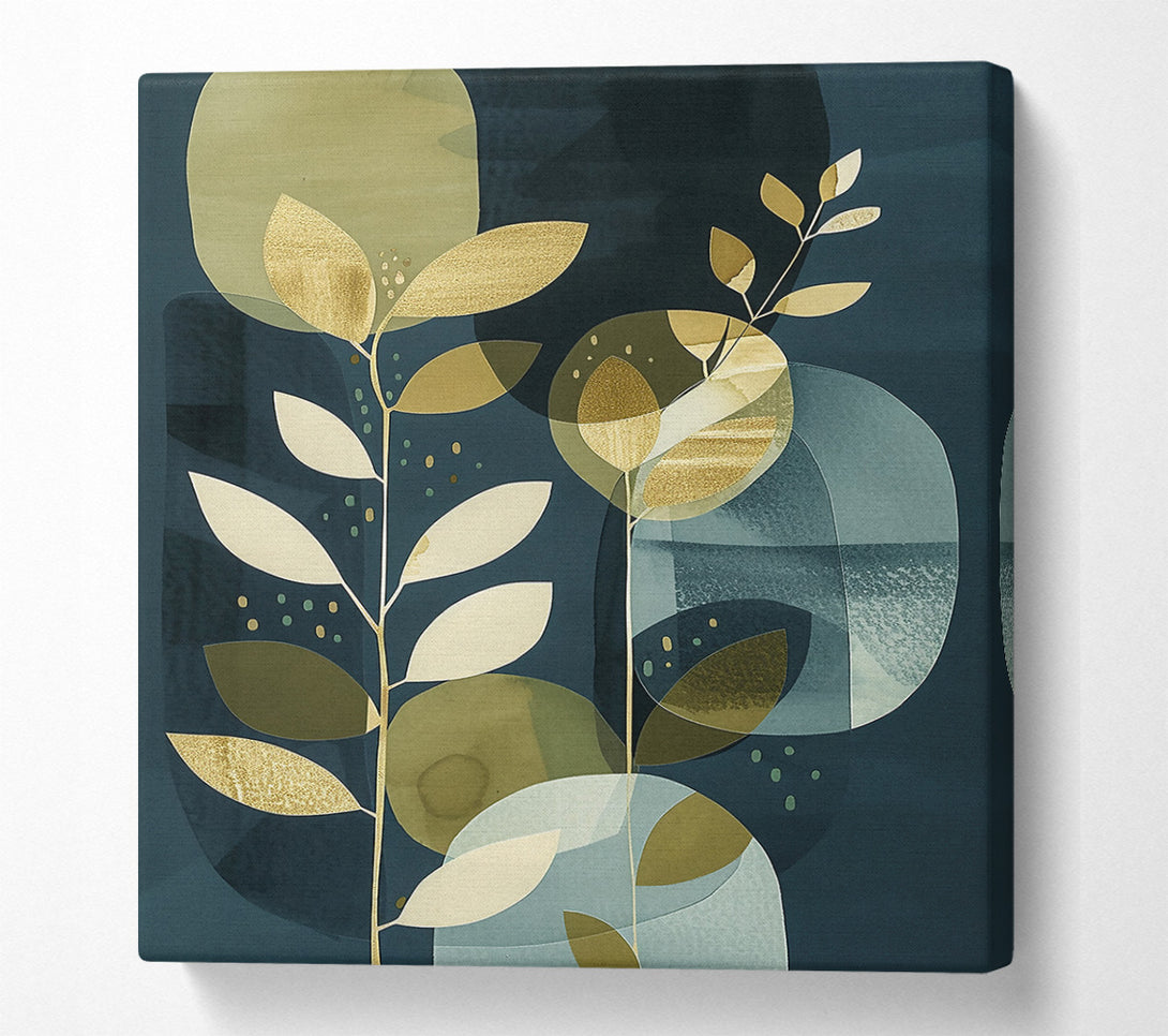  A Canvas Print of Golden Blue Abstract Leaves Canvas Wall Art