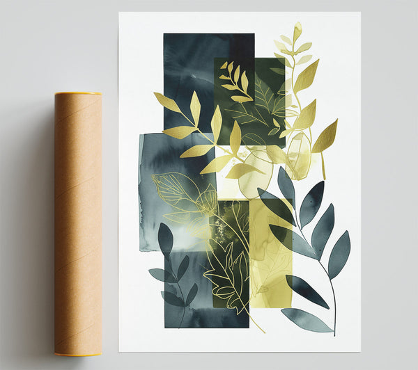 Golden Leaves In Teal Giclee Print