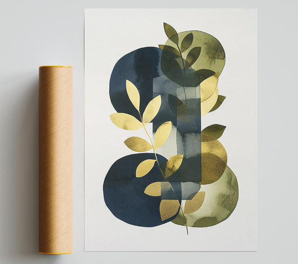 Golden Leaves On Navy Blue Print