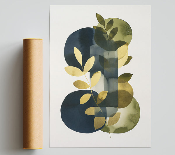 Gold And Navy Leaves Print
