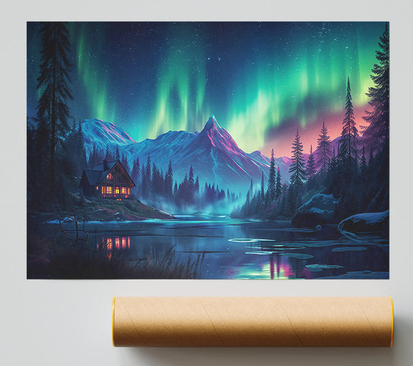 Green Lights Over Cabin Print