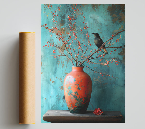 Crimson Bird And Vase Print
