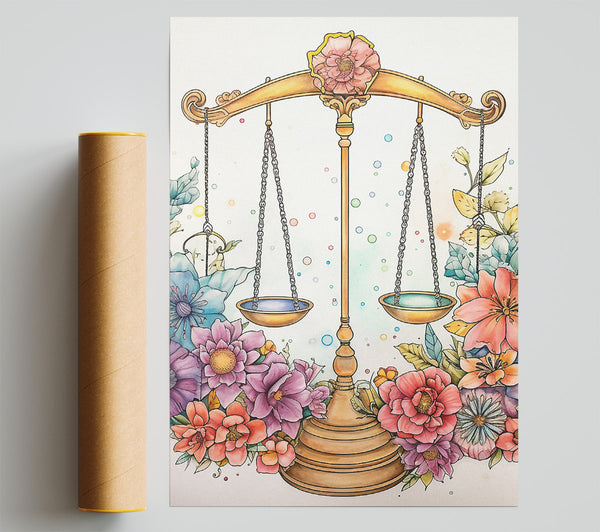 Libra Scales With Flowers Print