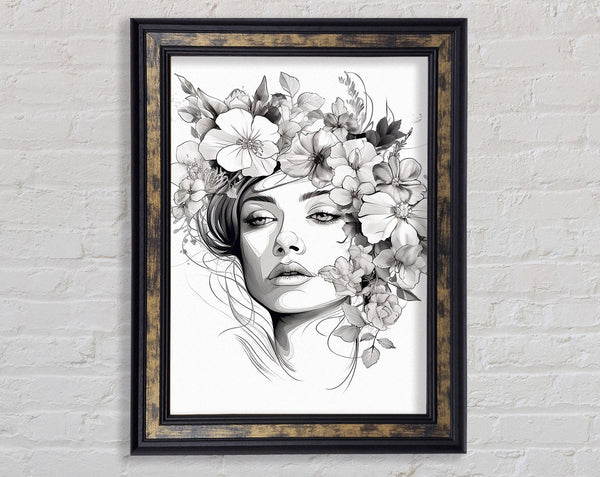 Line Art Head With Abstract Flowers Framed Print