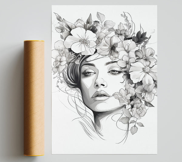 Line Art Head With Abstract Flowers Poster