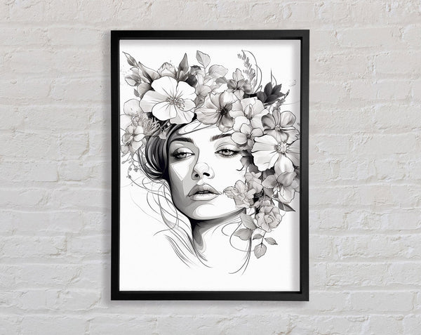 Line Art Head With Abstract Flowers Framed Print