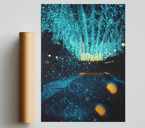 Cyan Lights Falling Down Poster