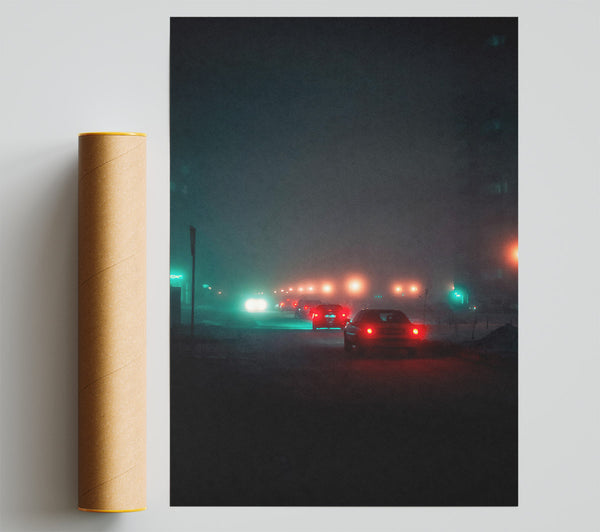 Teal Foggy Night Drive Print