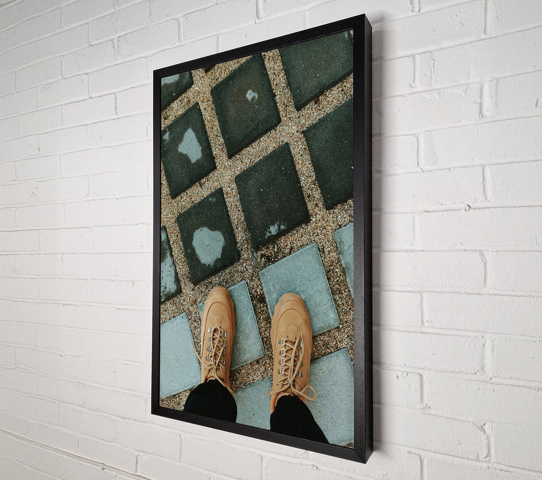  A Canvas Print of Tan Shoes On Grey Tiles Canvas Print