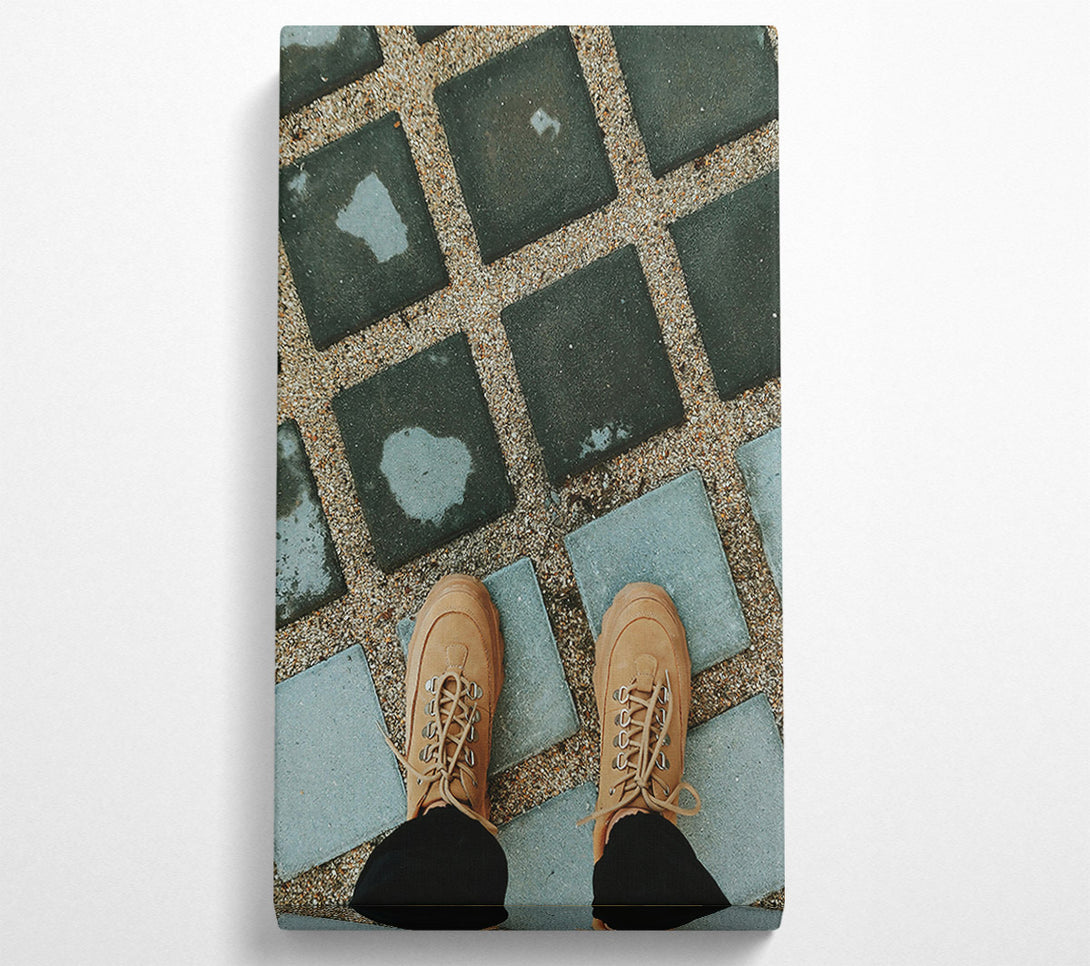  A Canvas Print of Tan Shoes On Grey Tiles Canvas Print