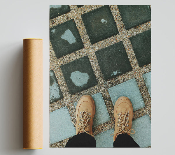 Tan Shoes On Grey Tiles Poster