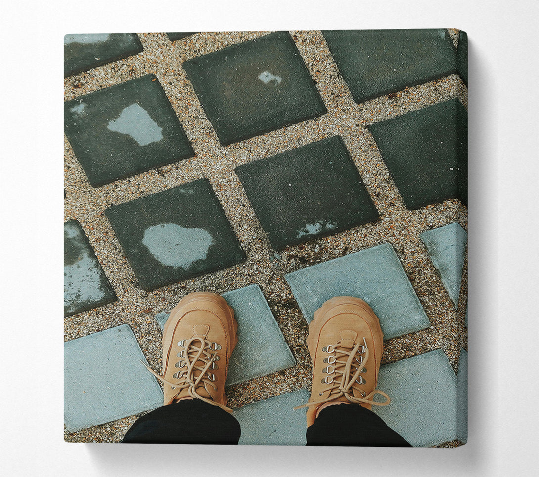  A Canvas Print of Tan Shoes On Grey Tiles Canvas Print