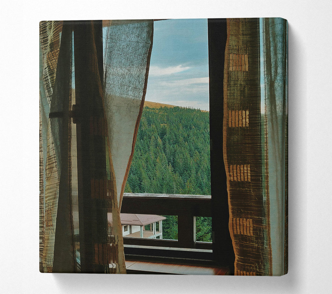  A Canvas Print of Green View Through Curtains Canvas Wall Art