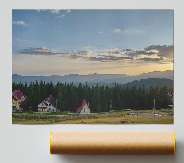 Golden Mountainside Cottages Poster