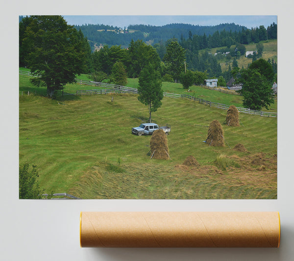 Green Hills And Haystacks Poster