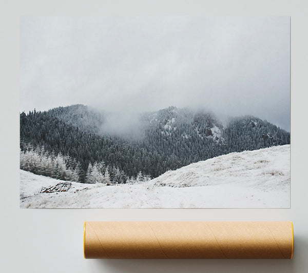 White Foggy Mountains Poster