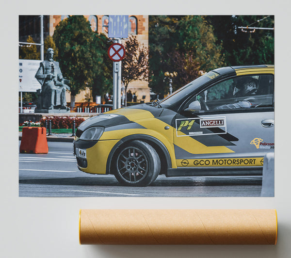 Yellow Rally Car Poster