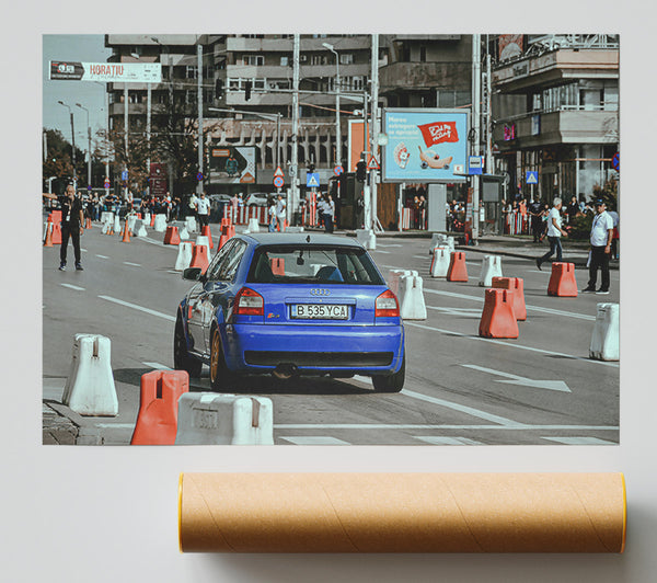 Blue Car On Course Print