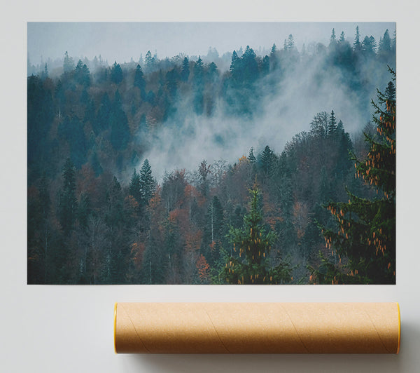 Misty Teal Forest Poster