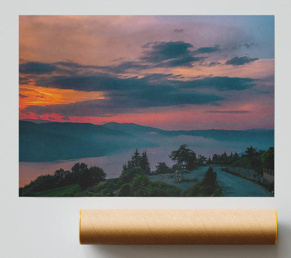Pink Sunset Over Mountains Poster