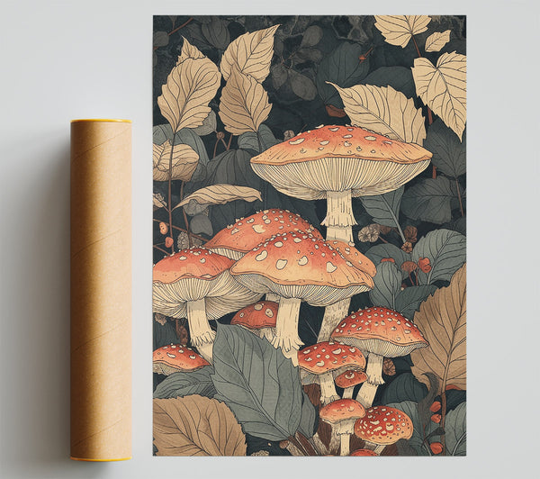 Mushrooms And Leaves Poster