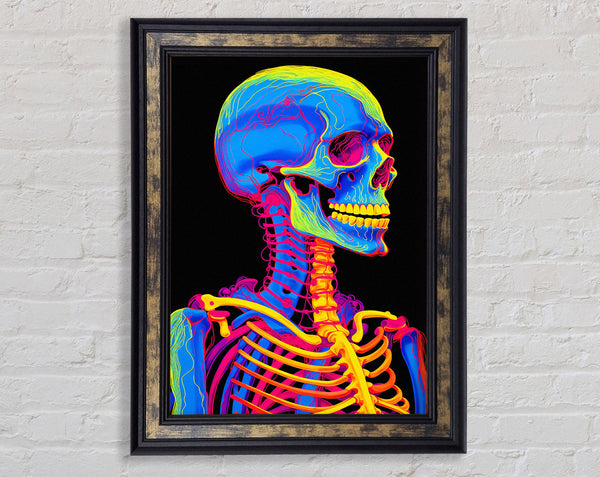 Neon Skeleton Skull Walnut Framed Print