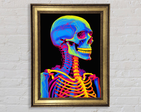 Neon Skeleton Skull White Framed Print