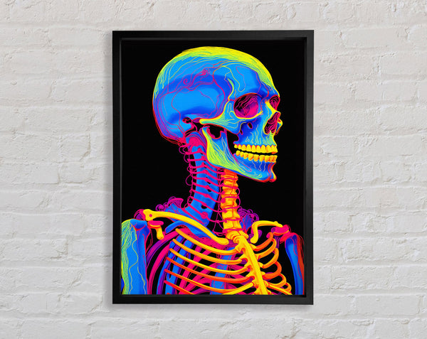 Neon Skeleton Skull Black Framed Print