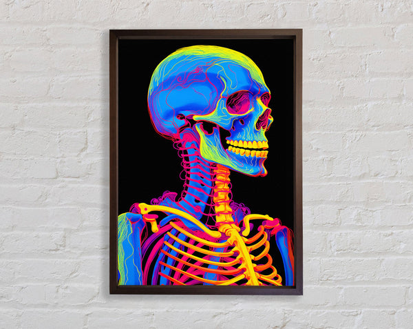 Neon Skeleton Skull Walnut Framed Print