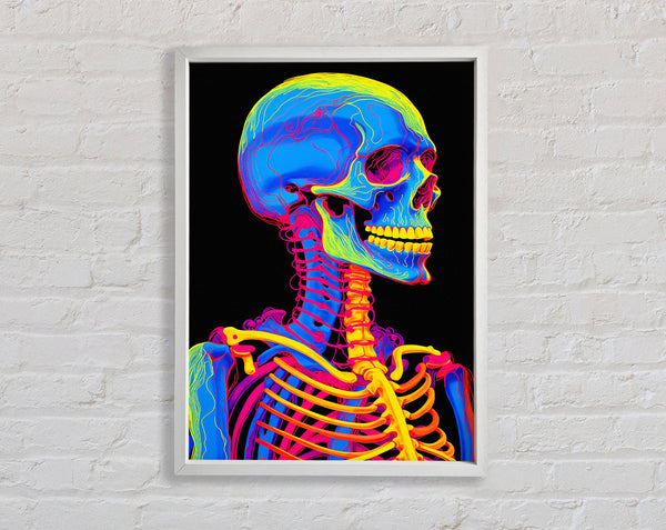 Neon Skeleton Skull White Framed Print