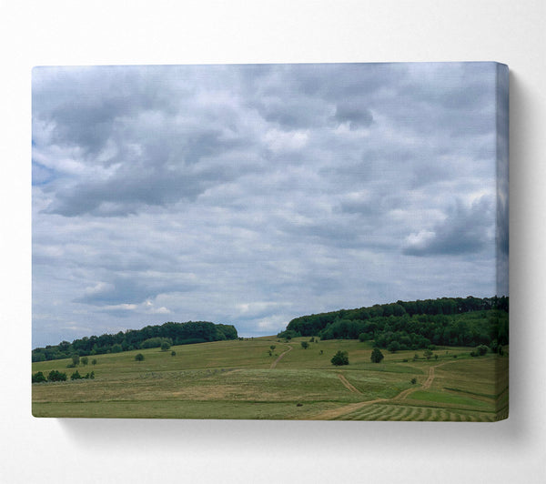  A Canvas Print of Gray Skies Over Green Fields. Canvas Print