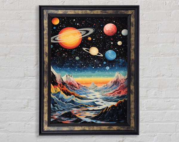 Planets And Mountains Framed Print