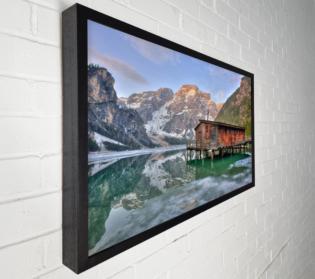  A Canvas Print of Green Cabin Reflects Mountains Canvas Print