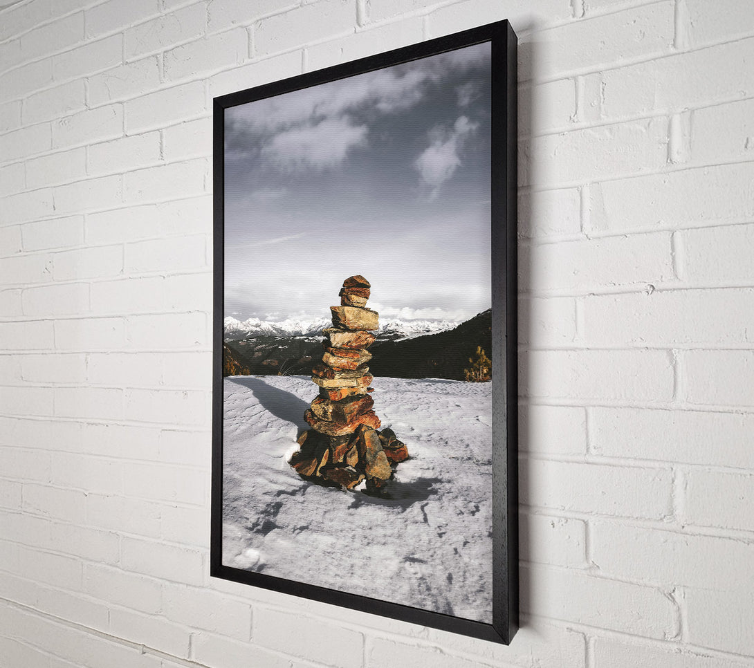  A Canvas Print of Red Stone Cairn In Snow Canvas Art