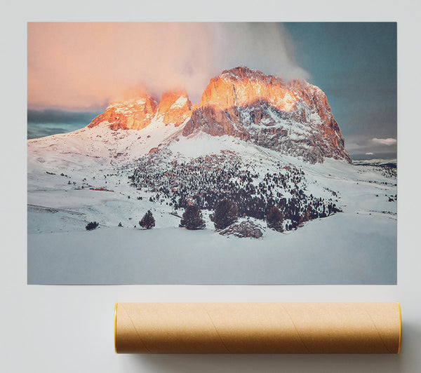 Orange Glow On Snow Peaks Print