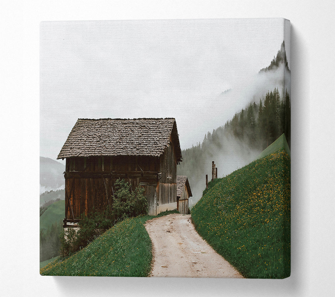  A Canvas Print of Brown Cabin In The Fog Canvas Wall Art