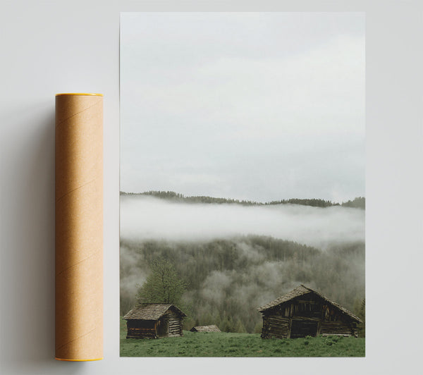 Gray Foggy Cabins Giclee Print