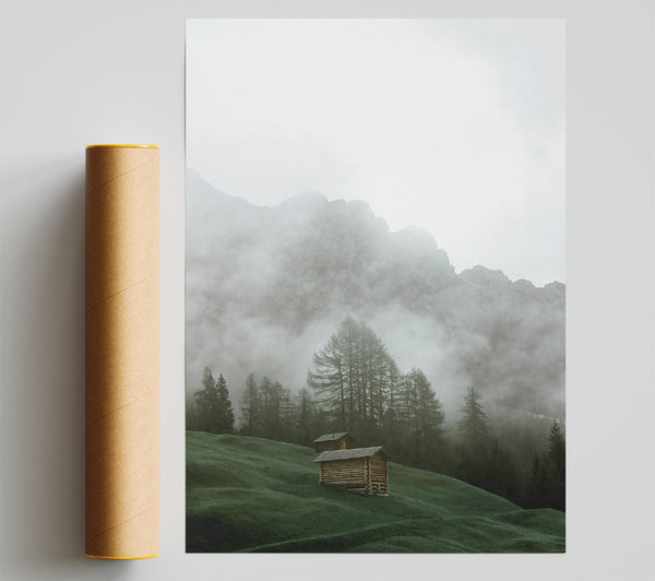 Green Foggy Mountainside Cabins Poster