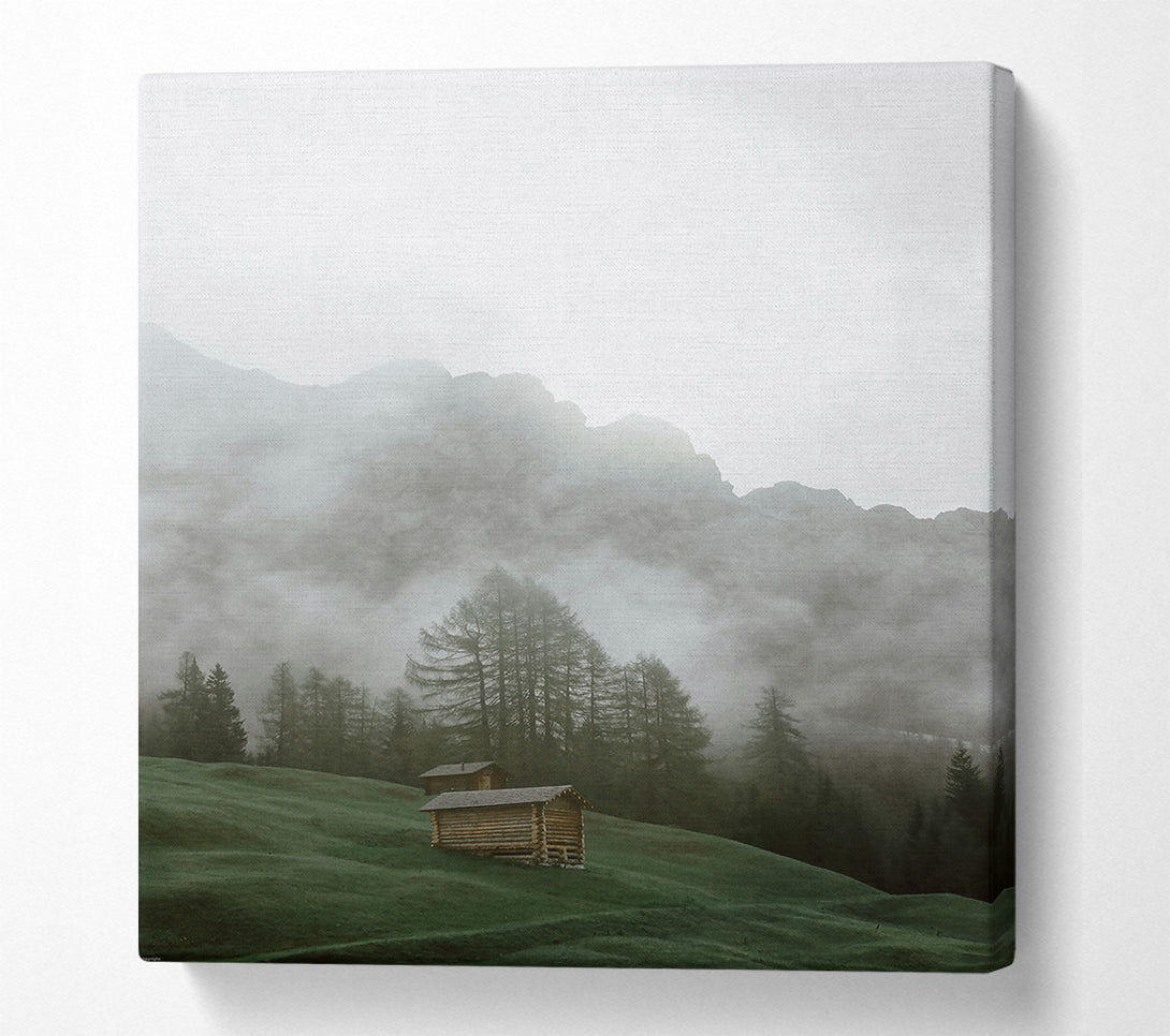  A Canvas Print of Green Foggy Mountainside Cabins Canvas Print