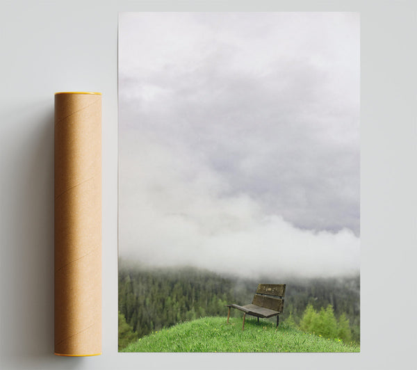Green Bench In The Fog Print