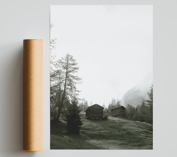 Green Foggy Cabins Print