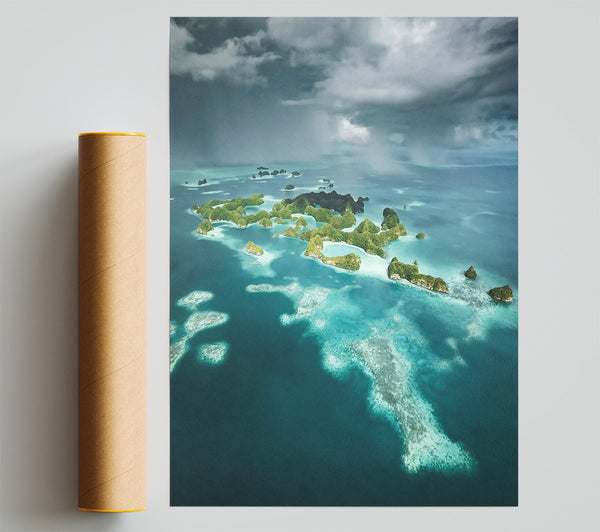 Teal Islands Under Clouds Poster