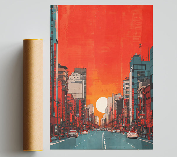 Red Orange Sunset Scyscraper Poster
