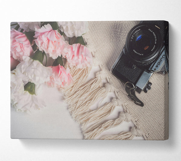  A Canvas Print of Pink Blooms And Film Camera Canvas Print