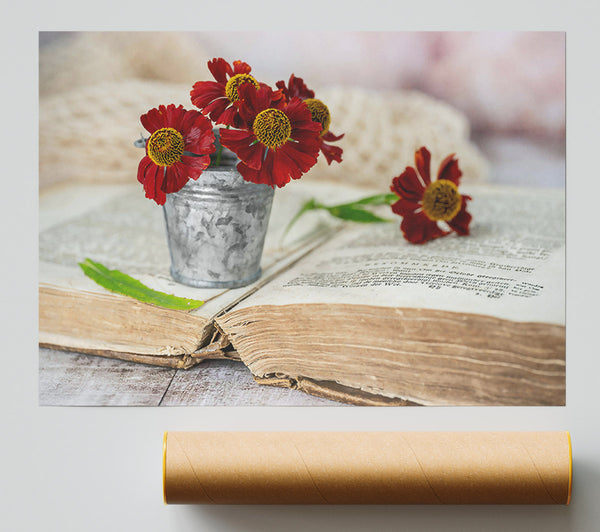 Crimson Blooms On Old Book Print