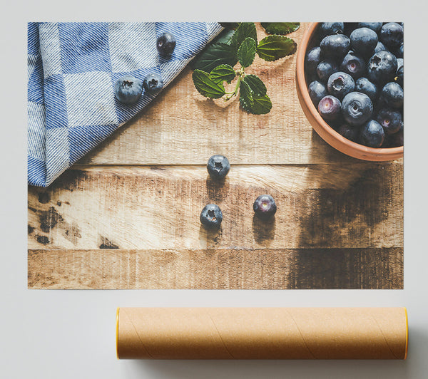 Blueberries On Blue Cloth Print