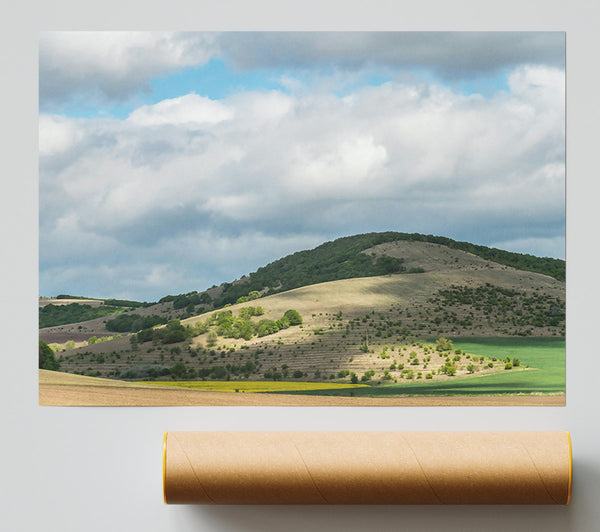 Green Hills Under Clouds Poster