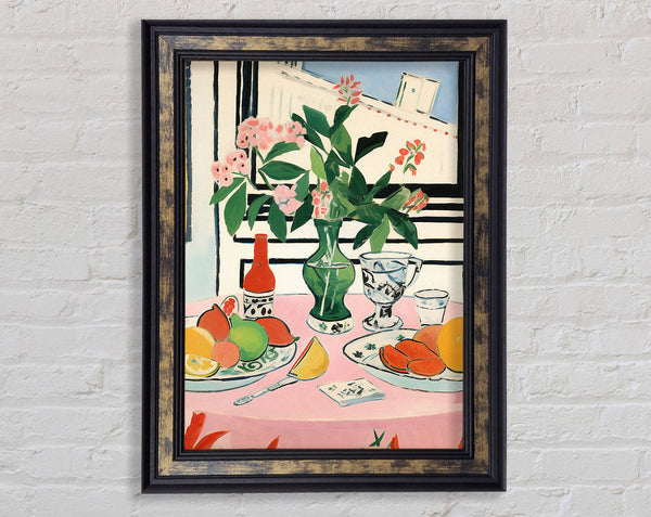 Still Life Flower Vase And Fruit Framed Print