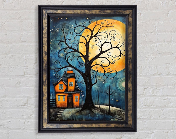 Swirly Tree House Moon Framed Print