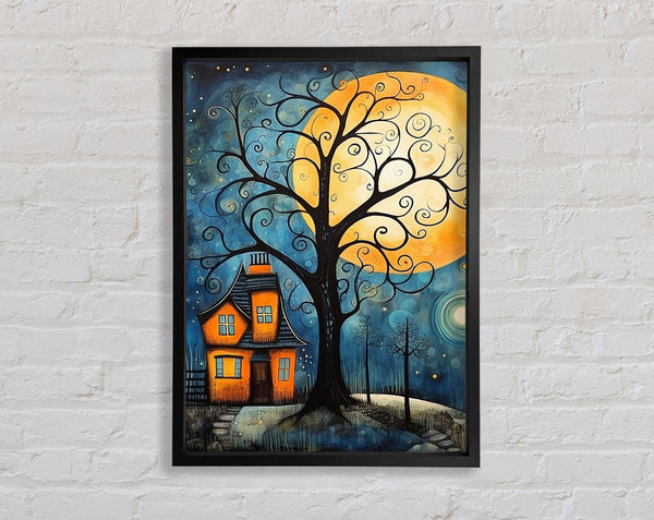Swirly Tree House Moon Framed Print